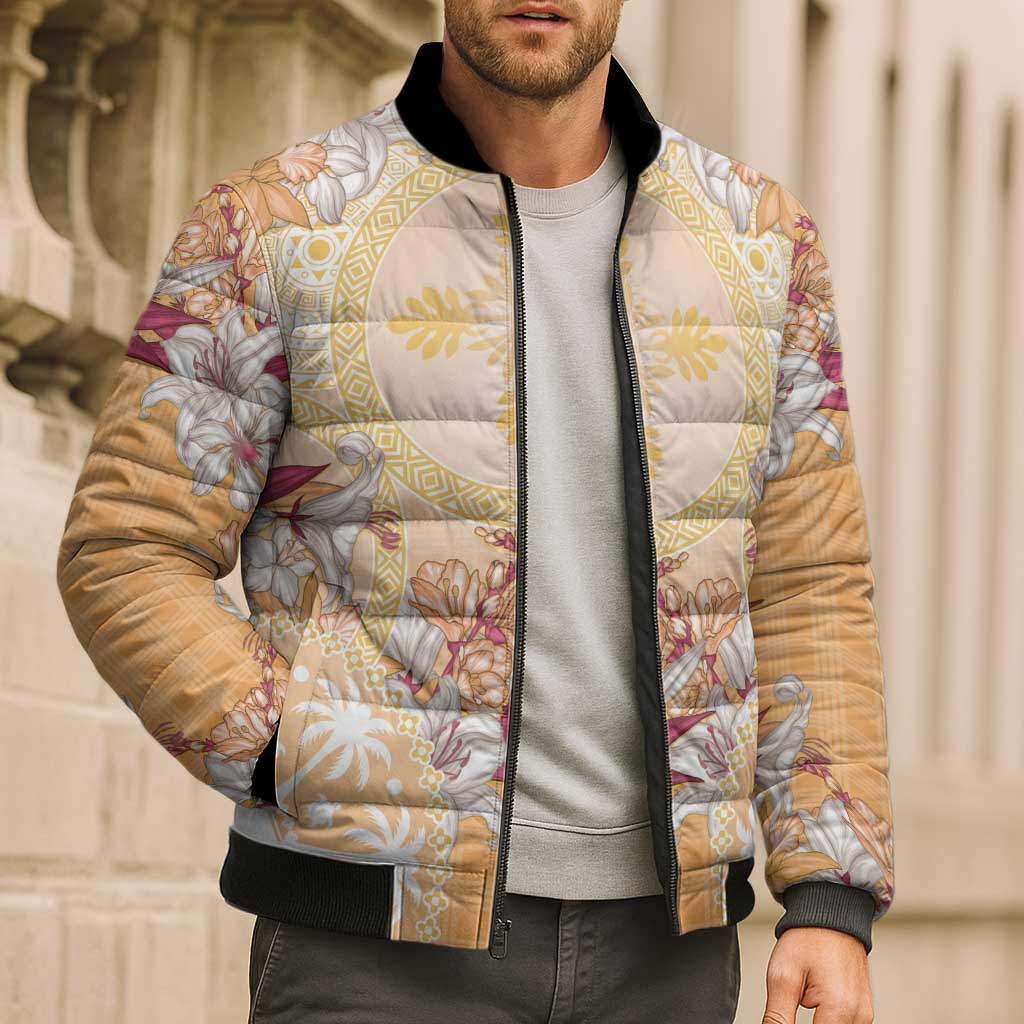 Hawaii Peach Palaka Bomber Puffer Jacket With Tapa Pattern Tropical Flowers LT05 - Polynesian Pride