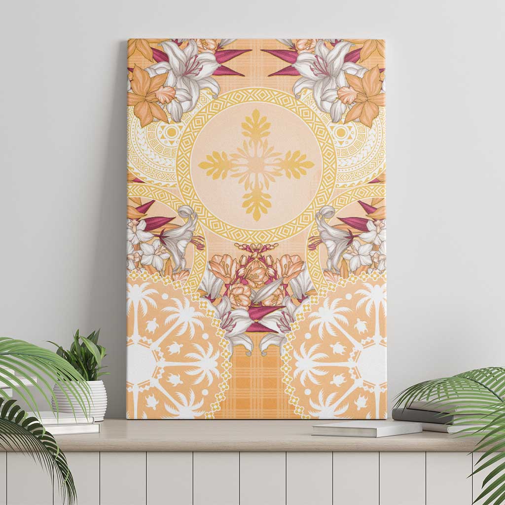 Hawaii Peach Palaka Canvas Wall Art With Tapa Pattern Tropical Flowers - Polynesian Pride