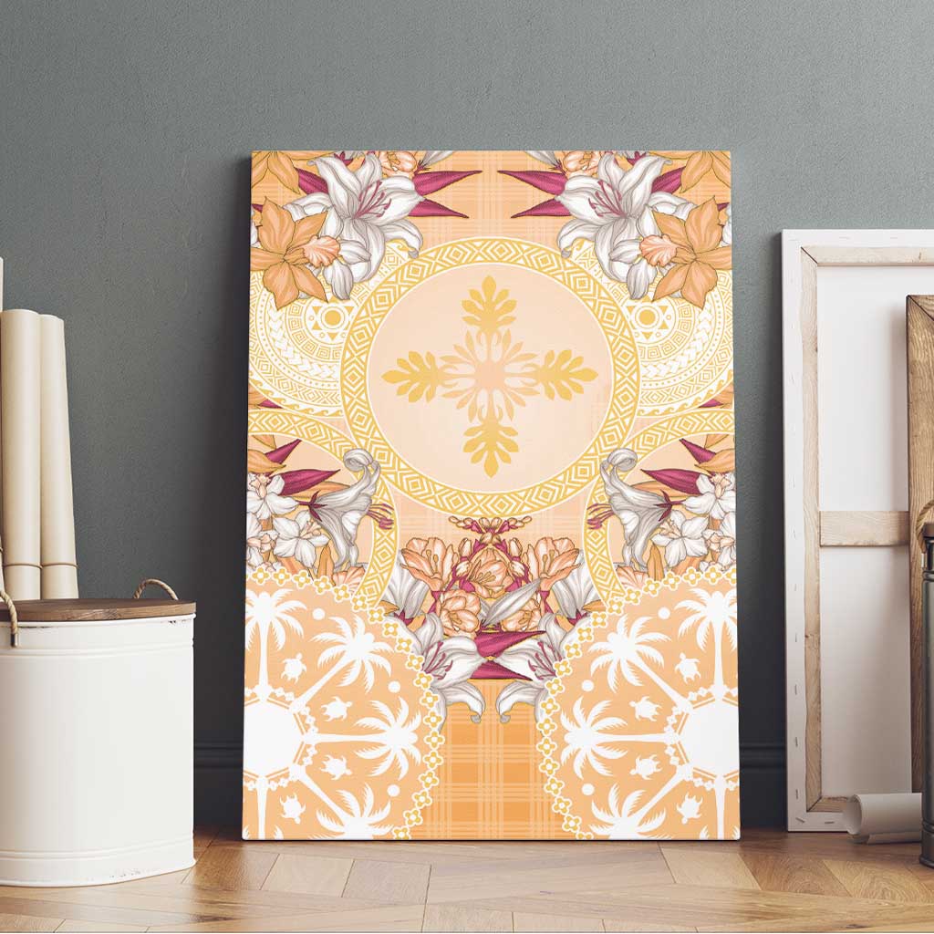 Hawaii Peach Palaka Canvas Wall Art With Tapa Pattern Tropical Flowers - Polynesian Pride