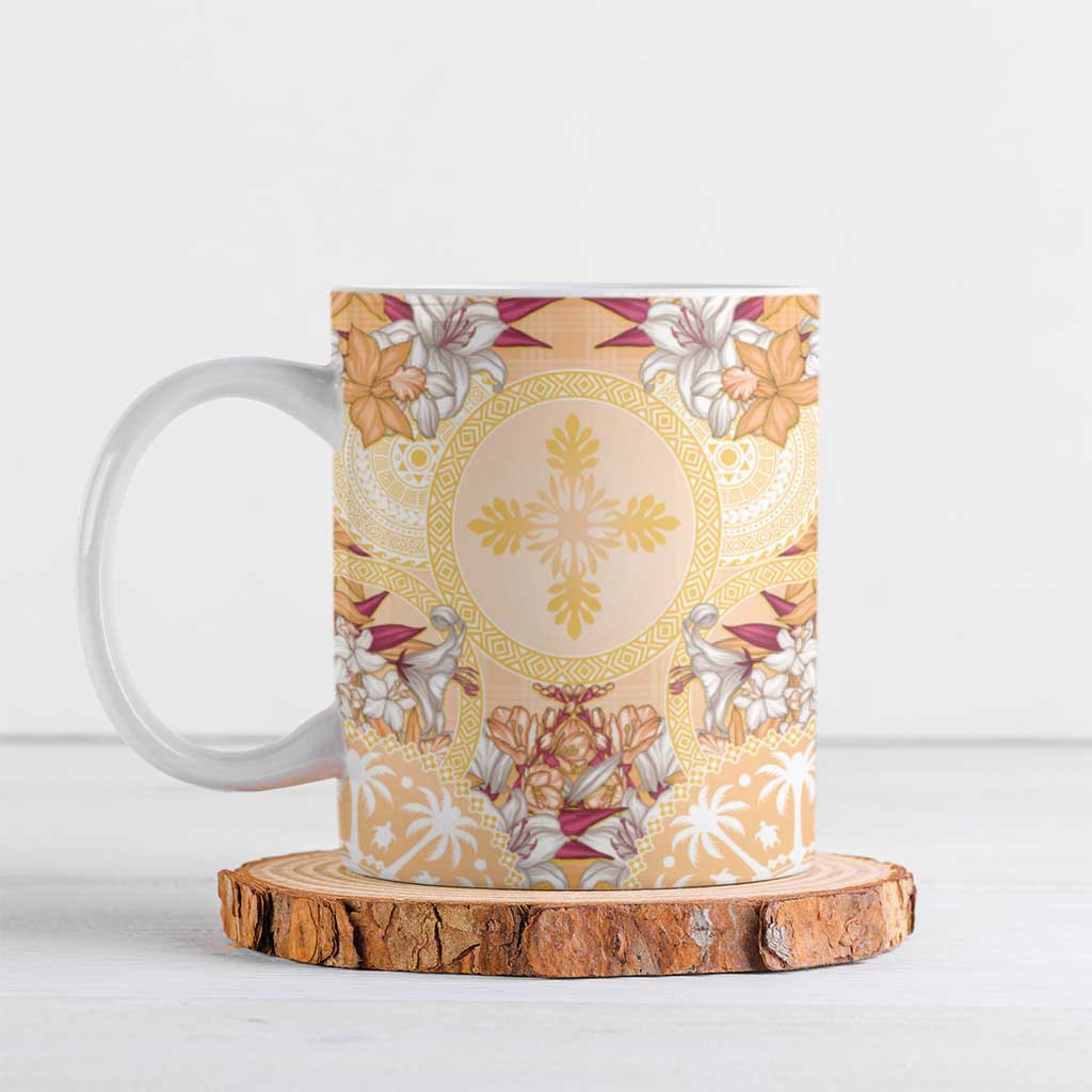 Hawaii Peach Palaka Ceramic Mug With Tapa Pattern Tropical Flowers - Polynesian Pride