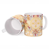 Hawaii Peach Palaka Ceramic Mug With Tapa Pattern Tropical Flowers - Polynesian Pride