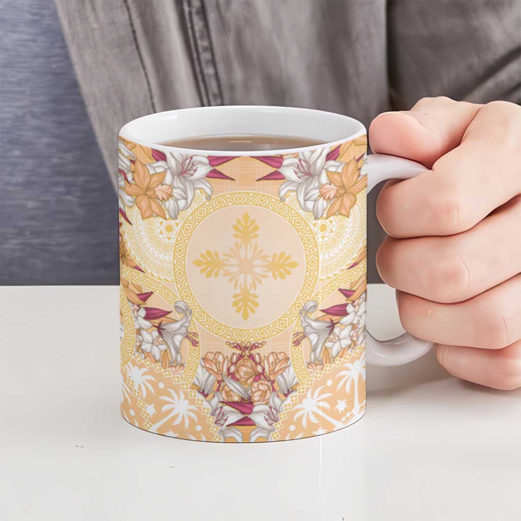 Hawaii Peach Palaka Ceramic Mug With Tapa Pattern Tropical Flowers - Polynesian Pride