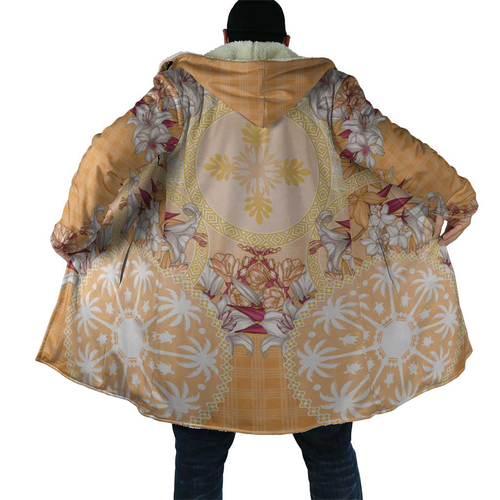 Hawaii Peach Palaka Cloak With Tapa Pattern Tropical Flowers - Polynesian Pride