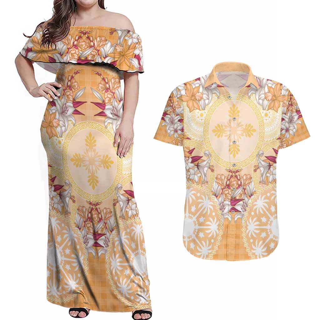 Hawaii Peach Palaka Couples Matching Off Shoulder Maxi Dress and Hawaiian Shirt With Tapa Pattern Tropical Flowers - Polynesian Pride
