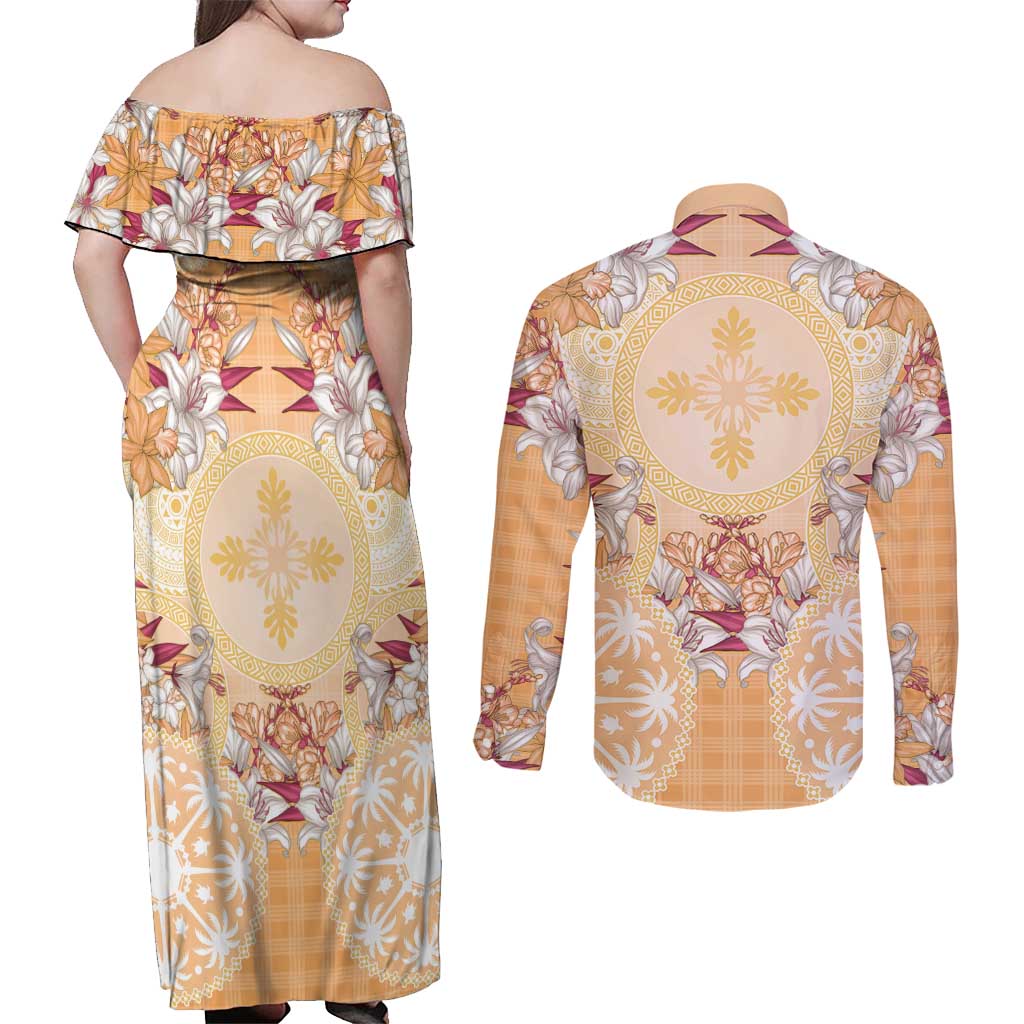 Hawaii Peach Palaka Couples Matching Off Shoulder Maxi Dress and Long Sleeve Button Shirt With Tapa Pattern Tropical Flowers - Polynesian Pride