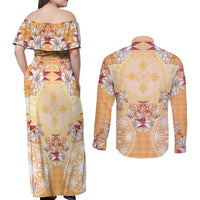 Hawaii Peach Palaka Couples Matching Off Shoulder Maxi Dress and Long Sleeve Button Shirt With Tapa Pattern Tropical Flowers - Polynesian Pride