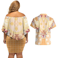 Hawaii Peach Palaka Couples Matching Off Shoulder Short Dress and Hawaiian Shirt With Tapa Pattern Tropical Flowers - Polynesian Pride