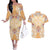 Hawaii Peach Palaka Couples Matching Off The Shoulder Long Sleeve Dress and Hawaiian Shirt With Tapa Pattern Tropical Flowers - Polynesian Pride
