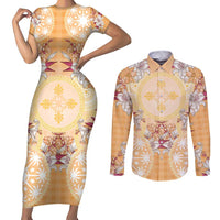 Hawaii Peach Palaka Couples Matching Short Sleeve Bodycon Dress and Long Sleeve Button Shirt With Tapa Pattern Tropical Flowers - Polynesian Pride