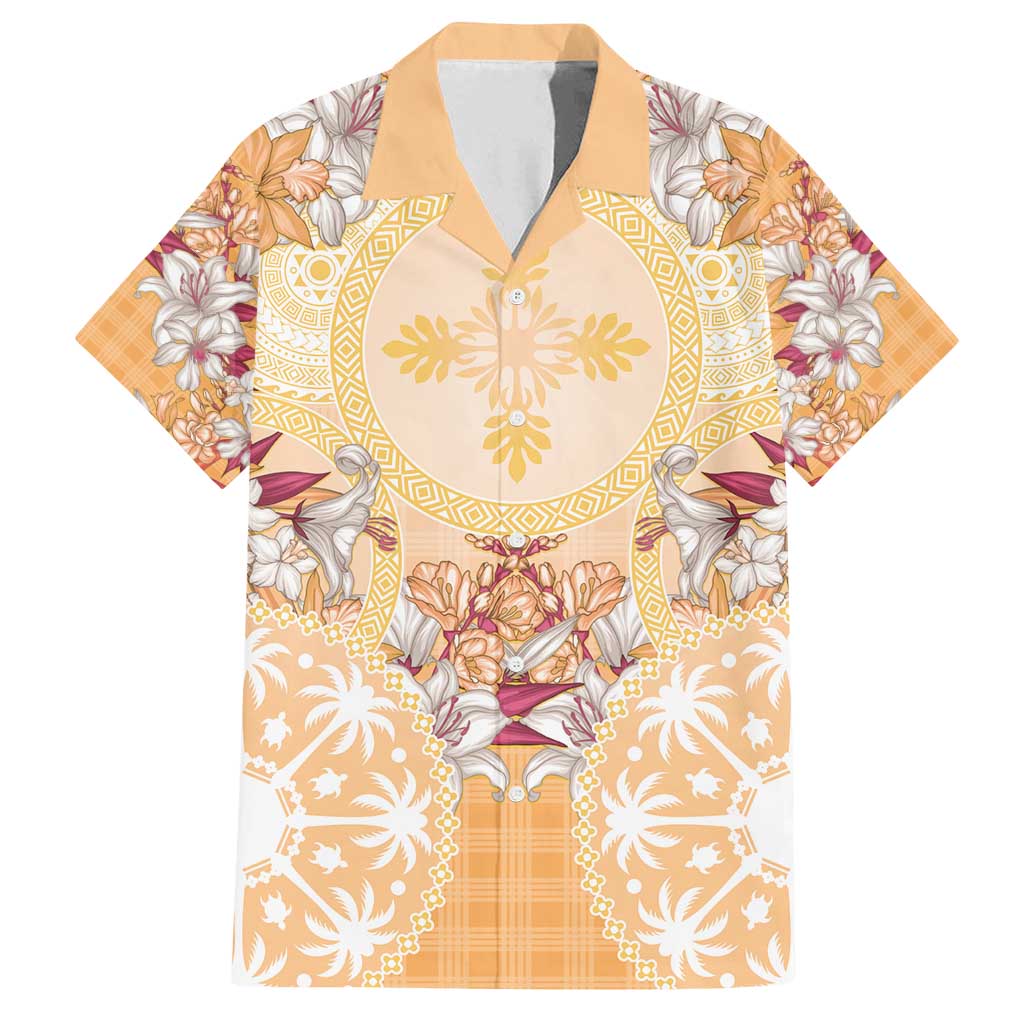 Hawaii Peach Palaka Family Matching Long Sleeve Bodycon Dress and Hawaiian Shirt With Tapa Pattern Tropical Flowers - Polynesian Pride