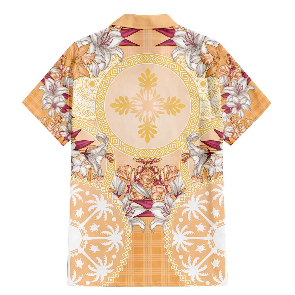 Hawaii Peach Palaka Family Matching Mermaid Dress and Hawaiian Shirt With Tapa Pattern Tropical Flowers - Polynesian Pride
