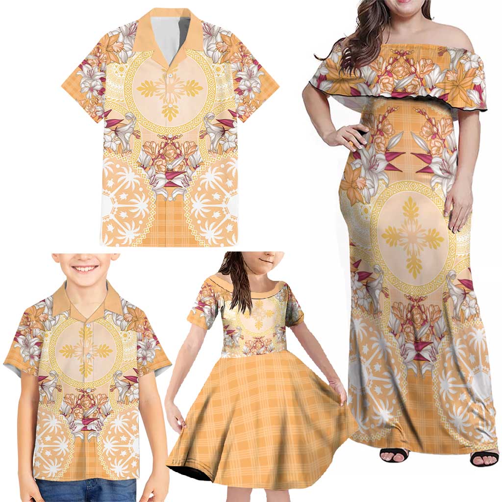 Hawaii Peach Palaka Family Matching Off Shoulder Maxi Dress and Hawaiian Shirt With Tapa Pattern Tropical Flowers - Polynesian Pride