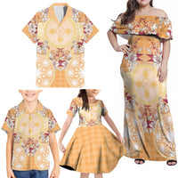 Hawaii Peach Palaka Family Matching Off Shoulder Maxi Dress and Hawaiian Shirt With Tapa Pattern Tropical Flowers - Polynesian Pride