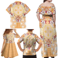 Hawaii Peach Palaka Family Matching Off Shoulder Maxi Dress and Hawaiian Shirt With Tapa Pattern Tropical Flowers - Polynesian Pride