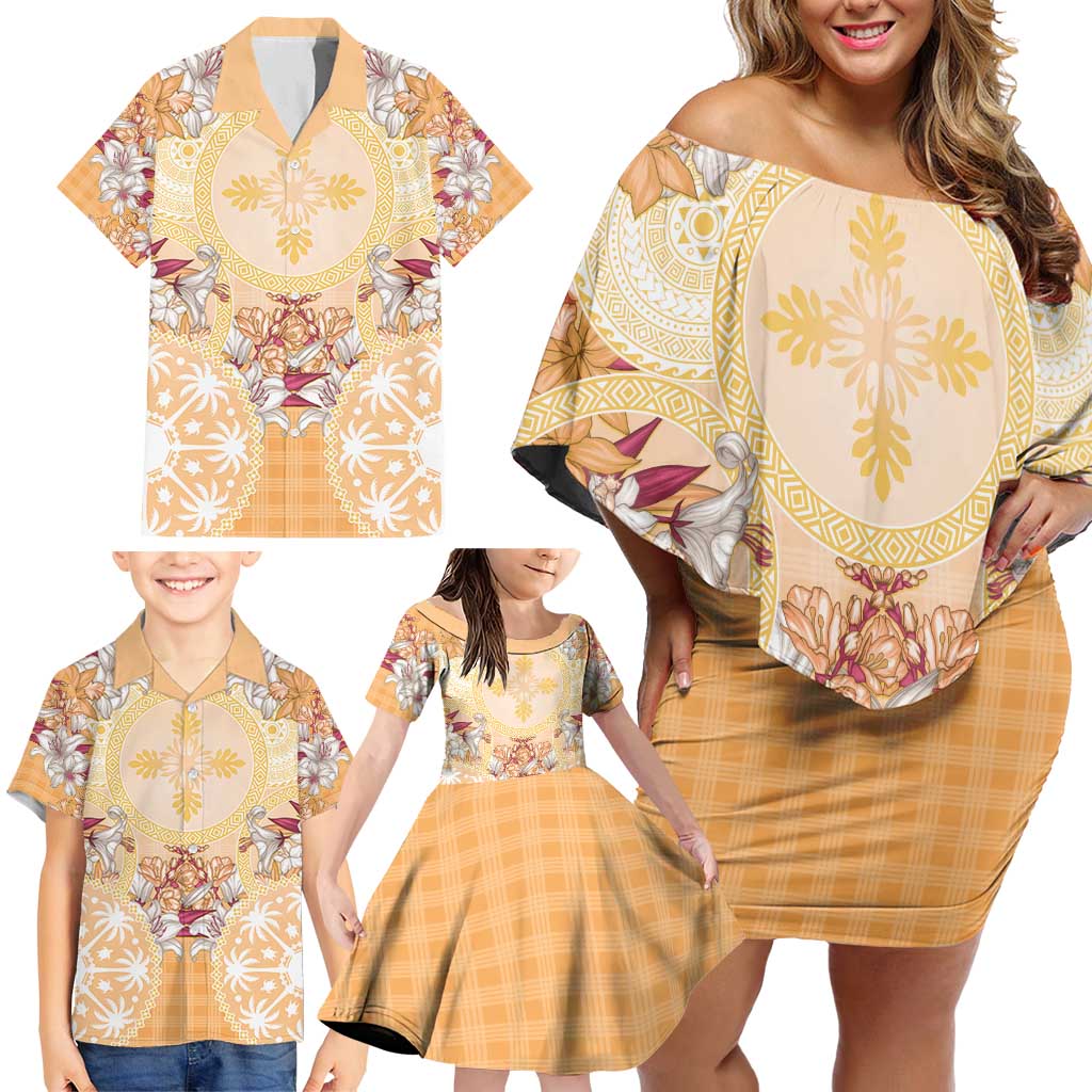 Hawaii Peach Palaka Family Matching Off Shoulder Short Dress and Hawaiian Shirt With Tapa Pattern Tropical Flowers - Polynesian Pride