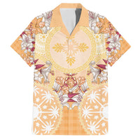 Hawaii Peach Palaka Family Matching Off Shoulder Short Dress and Hawaiian Shirt With Tapa Pattern Tropical Flowers - Polynesian Pride