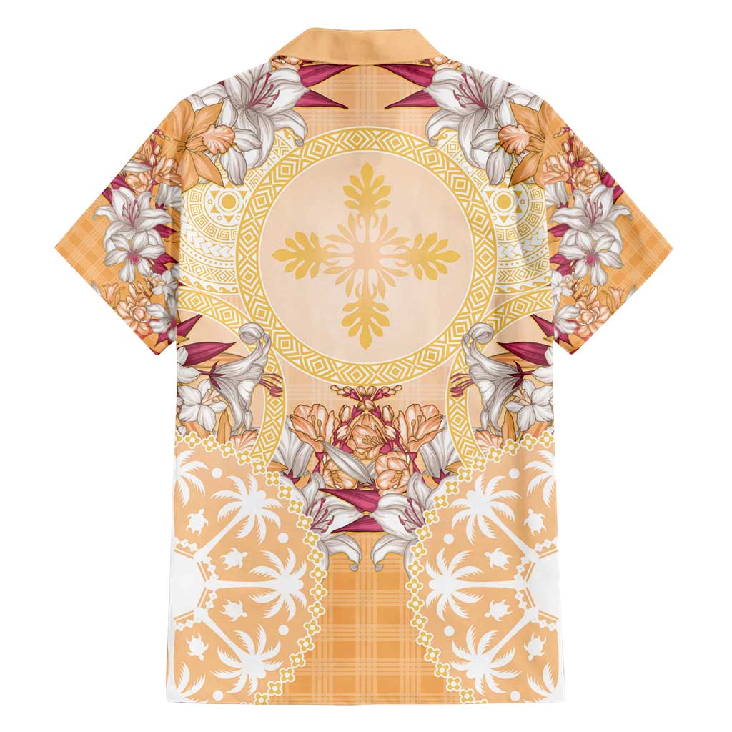 Hawaii Peach Palaka Family Matching Off Shoulder Short Dress and Hawaiian Shirt With Tapa Pattern Tropical Flowers - Polynesian Pride