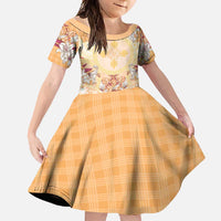 Hawaii Peach Palaka Family Matching Short Sleeve Bodycon Dress and Hawaiian Shirt With Tapa Pattern Tropical Flowers - Polynesian Pride