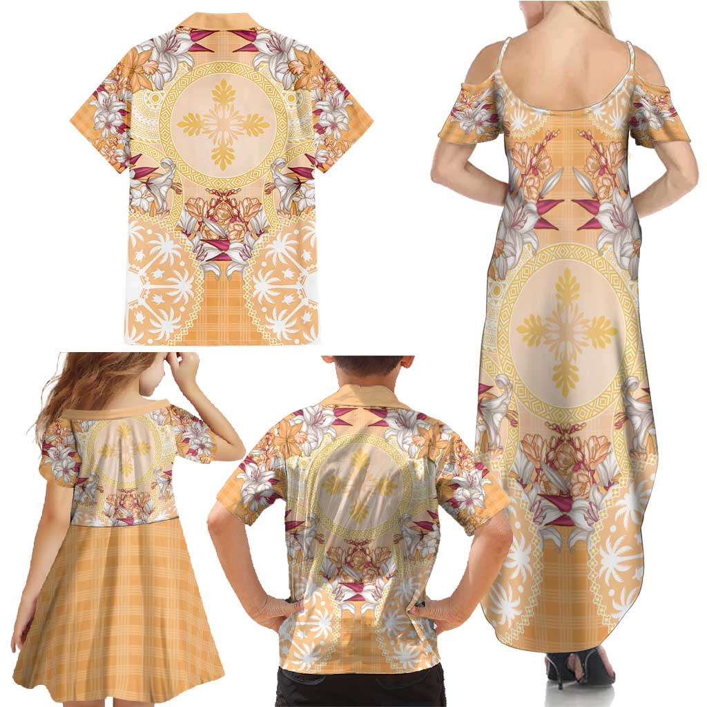 Hawaii Peach Palaka Family Matching Summer Maxi Dress and Hawaiian Shirt With Tapa Pattern Tropical Flowers - Polynesian Pride