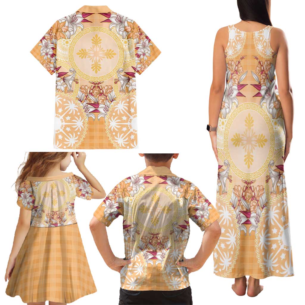 Hawaii Peach Palaka Family Matching Tank Maxi Dress and Hawaiian Shirt With Tapa Pattern Tropical Flowers - Polynesian Pride
