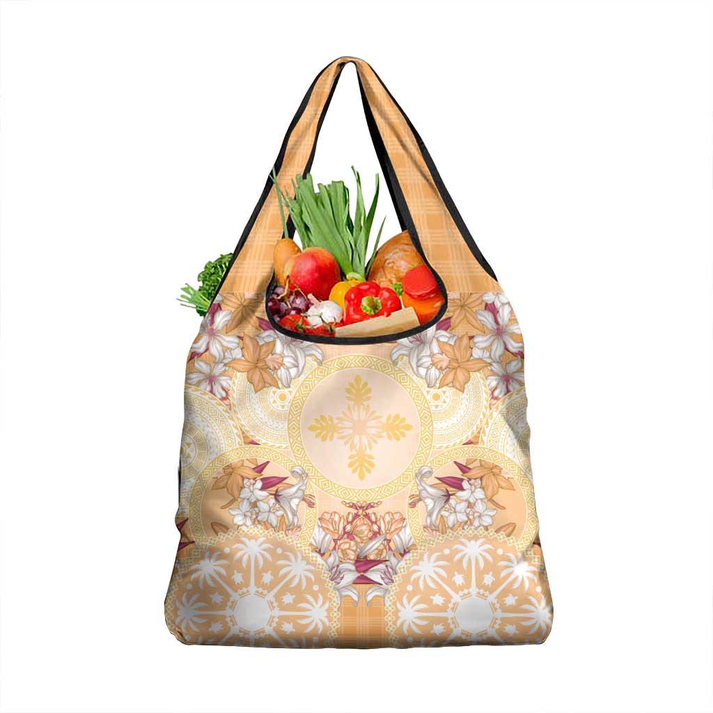 Hawaii Peach Palaka Grocery Bag With Tapa Pattern Tropical Flowers LT05 1-pack One Size Peach - Polynesian Pride