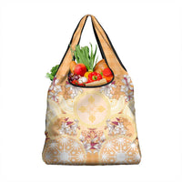 Hawaii Peach Palaka Grocery Bag With Tapa Pattern Tropical Flowers - Polynesian Pride