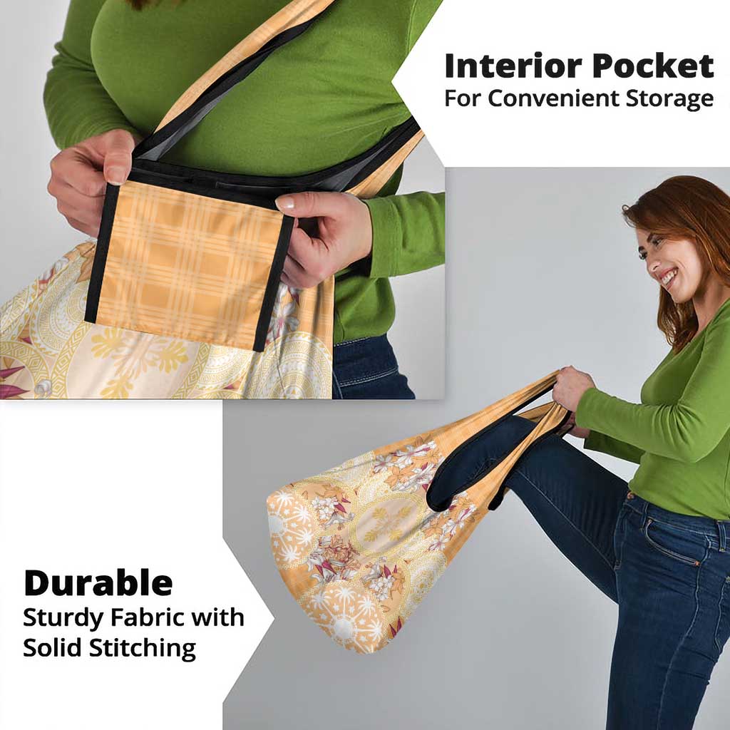 Hawaii Peach Palaka Grocery Bag With Tapa Pattern Tropical Flowers - Polynesian Pride