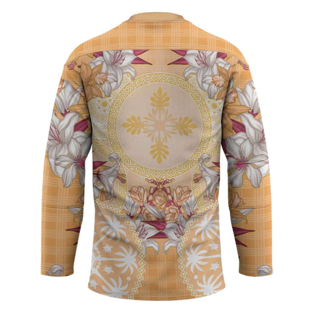 Hawaii Peach Palaka Hockey Jersey With Tapa Pattern Tropical Flowers - Polynesian Pride