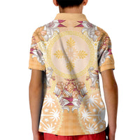Hawaii Peach Palaka Kid Polo Shirt With Tapa Pattern Tropical Flowers - Polynesian Pride