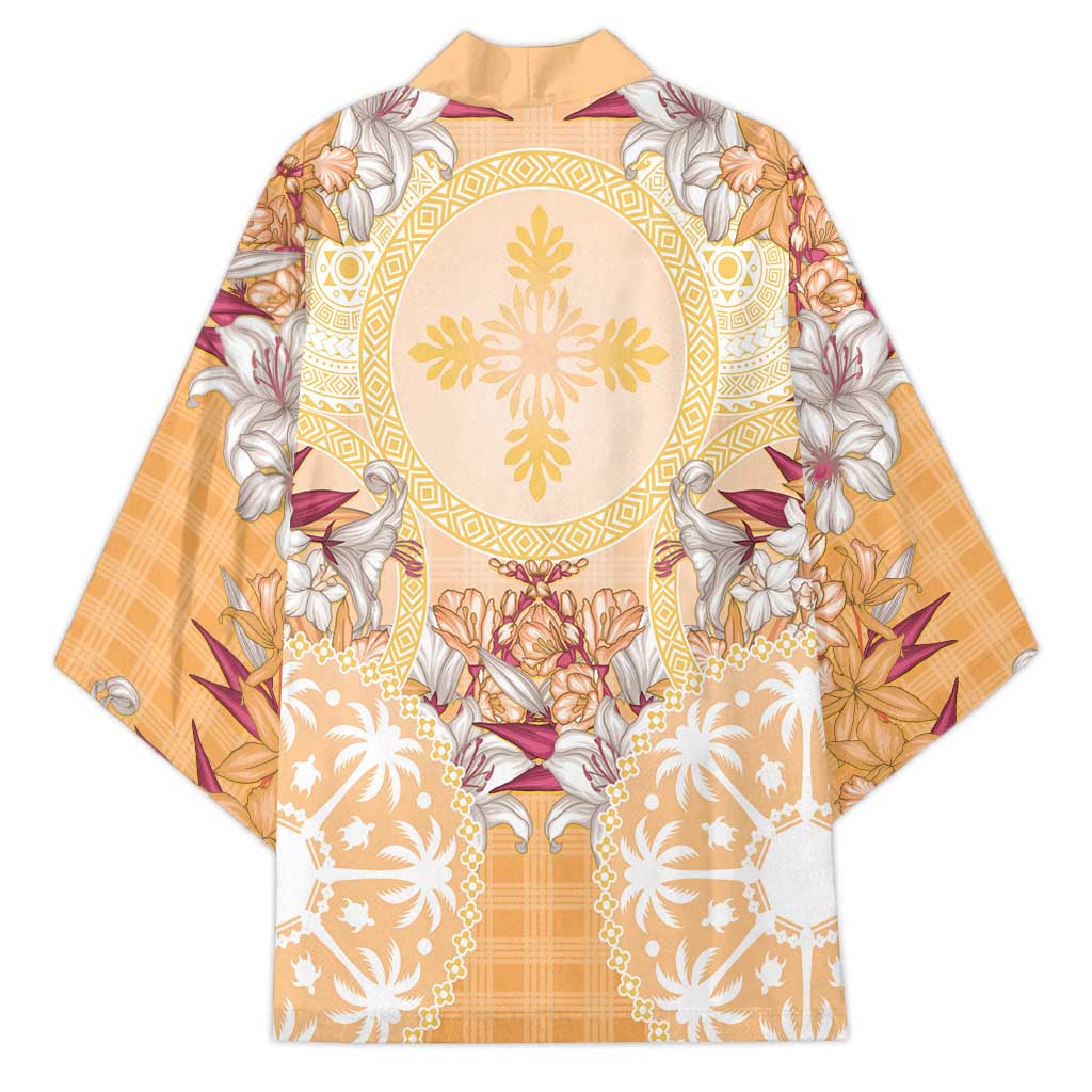 Hawaii Peach Palaka Kimono With Tapa Pattern Tropical Flowers - Polynesian Pride