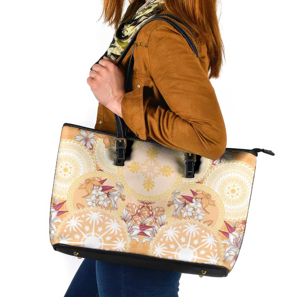 Hawaii Peach Palaka Leather Tote Bag With Tapa Pattern Tropical Flowers LT05 Peach - Polynesian Pride