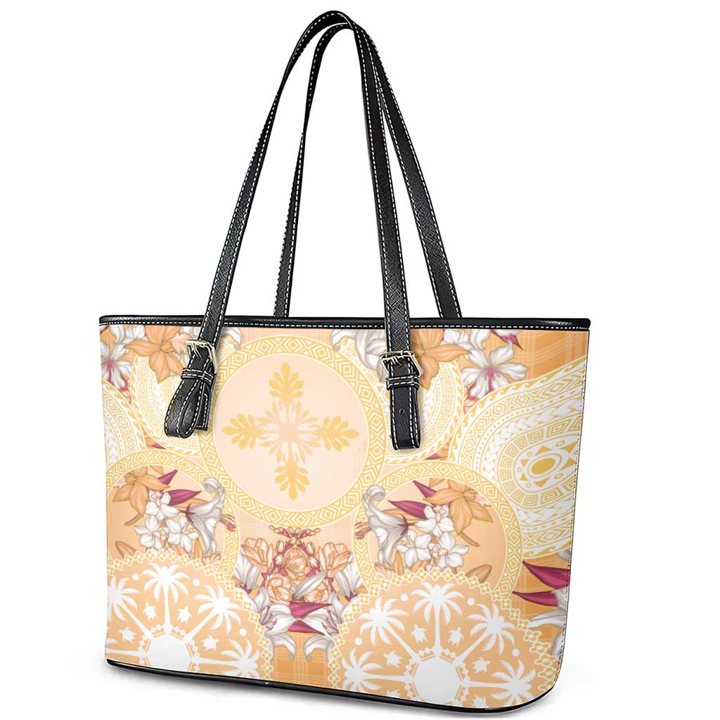 Hawaii Peach Palaka Leather Tote Bag With Tapa Pattern Tropical Flowers - Polynesian Pride