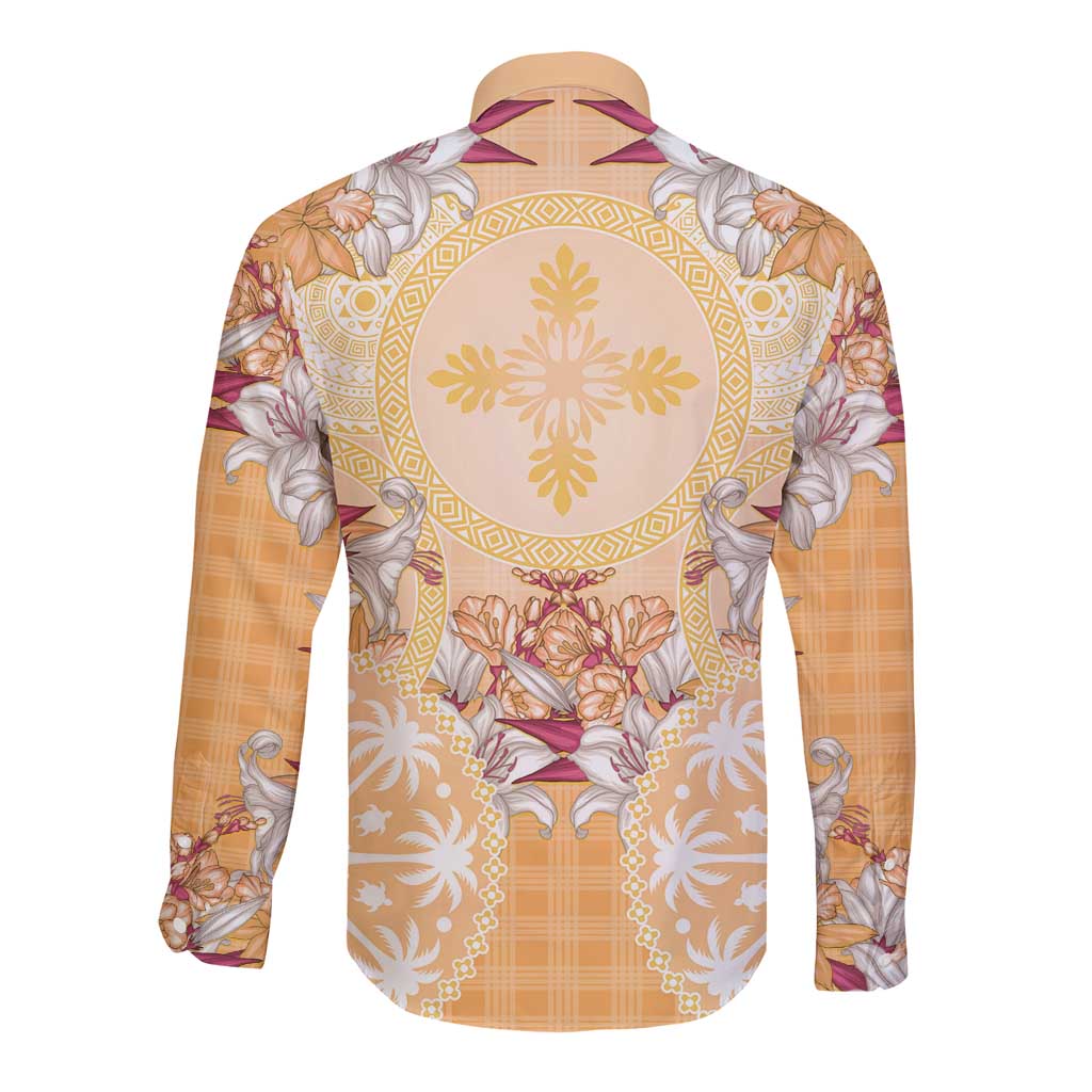Hawaii Peach Palaka Long Sleeve Button Shirt With Tapa Pattern Tropical Flowers - Polynesian Pride