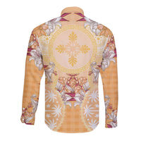 Hawaii Peach Palaka Long Sleeve Button Shirt With Tapa Pattern Tropical Flowers - Polynesian Pride