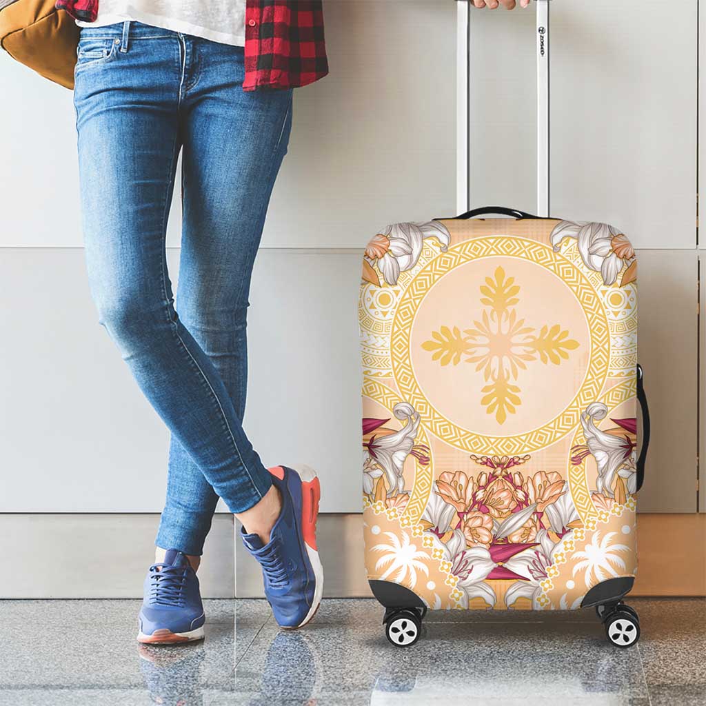 Hawaii Peach Palaka Luggage Cover With Tapa Pattern Tropical Flowers - Polynesian Pride