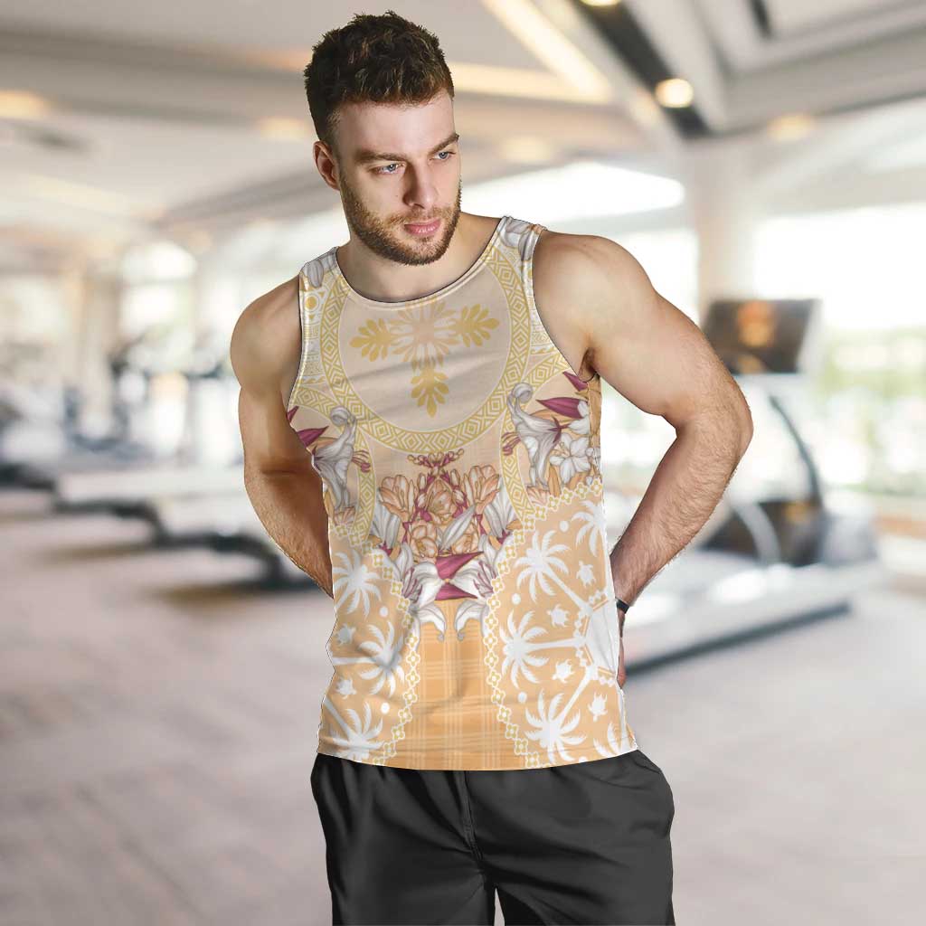 Hawaii Peach Palaka Men Tank Top With Tapa Pattern Tropical Flowers - Polynesian Pride