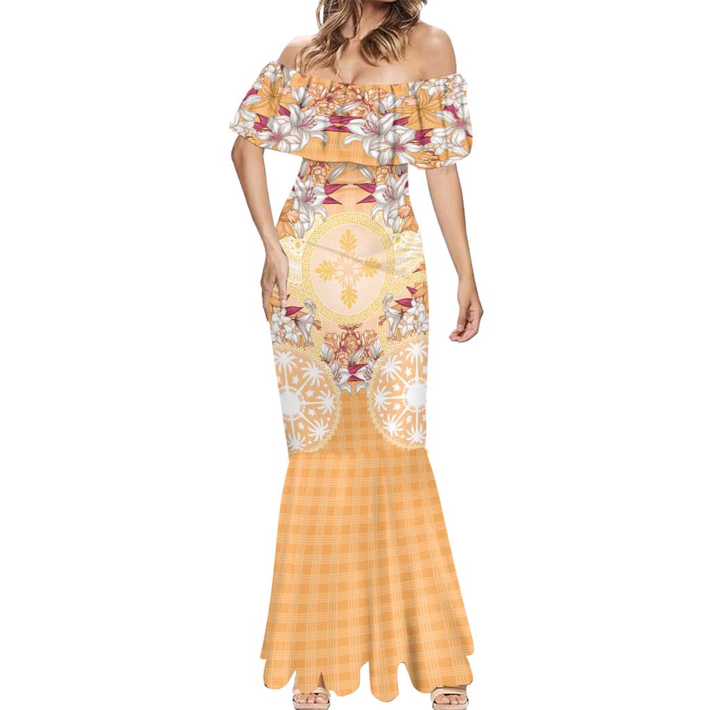 Hawaii Peach Palaka Mermaid Dress With Tapa Pattern Tropical Flowers - Polynesian Pride