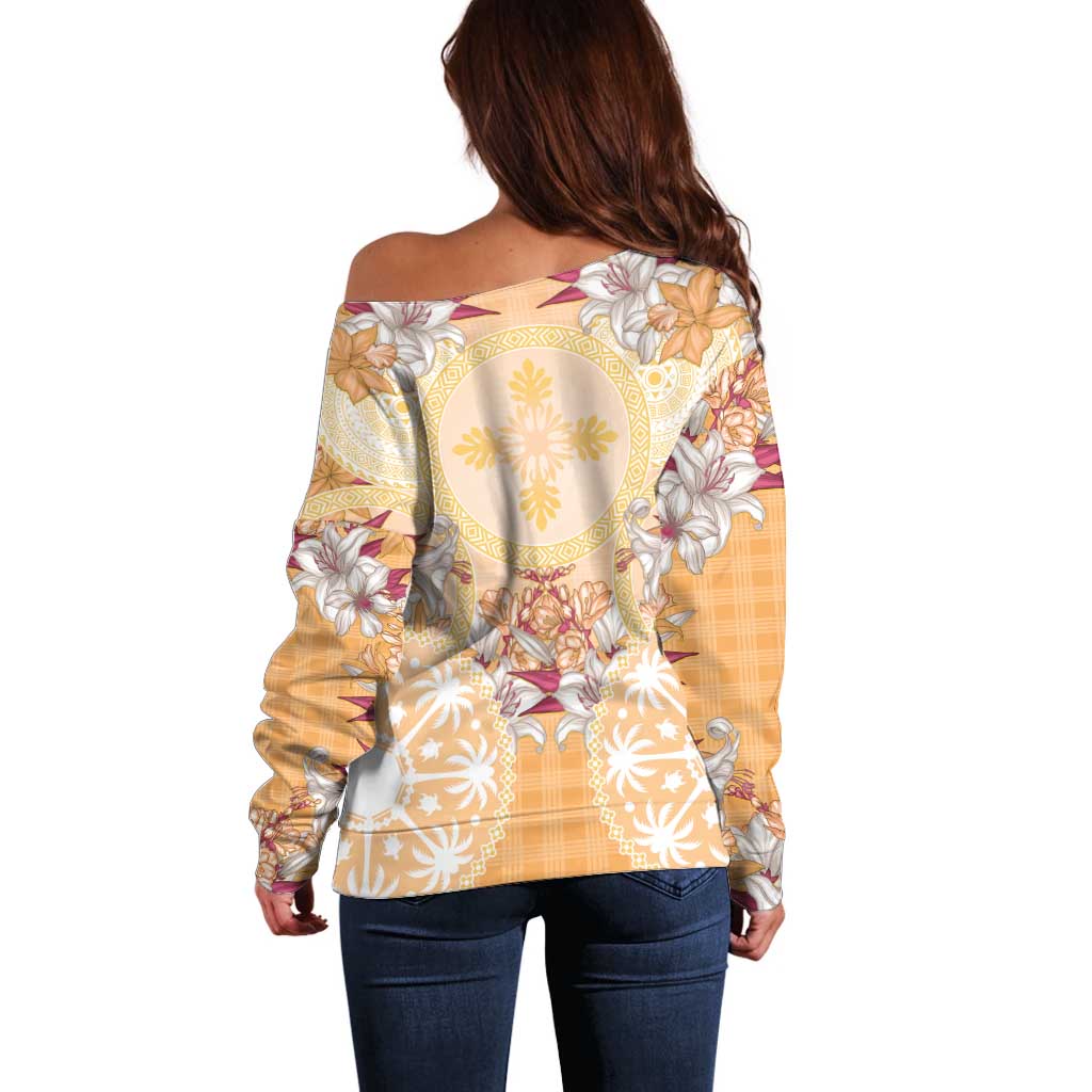 Hawaii Peach Palaka Off Shoulder Sweater With Tapa Pattern Tropical Flowers - Polynesian Pride