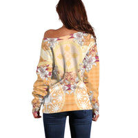 Hawaii Peach Palaka Off Shoulder Sweater With Tapa Pattern Tropical Flowers - Polynesian Pride