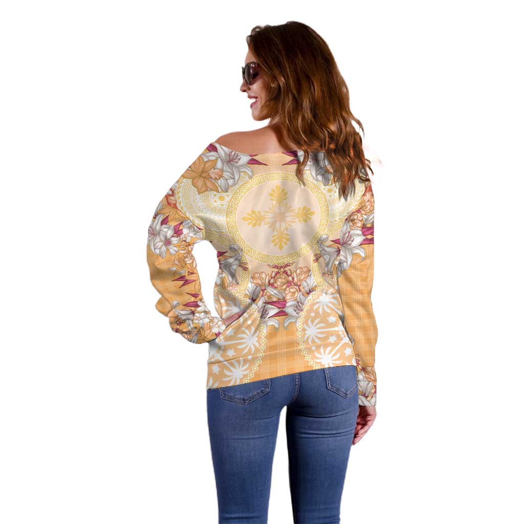 Hawaii Peach Palaka Off Shoulder Sweater With Tapa Pattern Tropical Flowers - Polynesian Pride