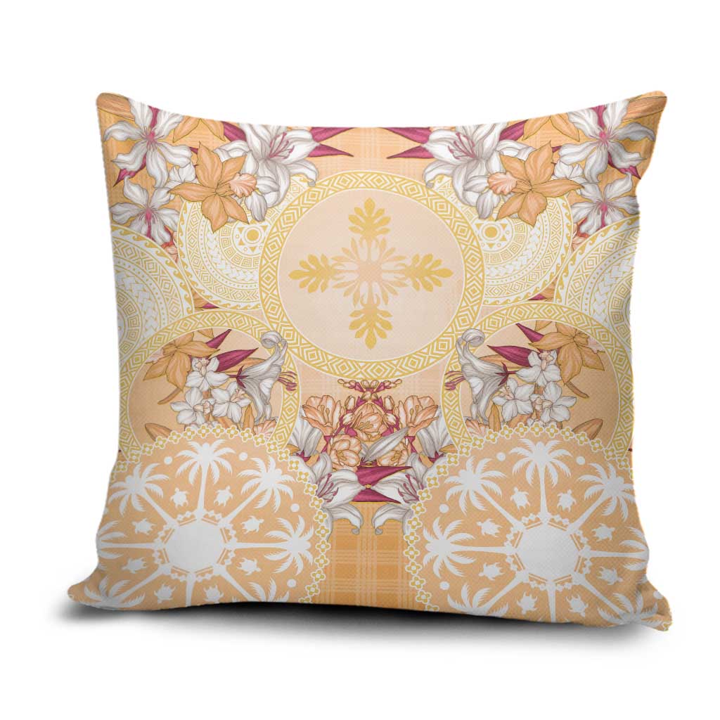 Hawaii Peach Palaka Pillow Cover With Tapa Pattern Tropical Flowers - Polynesian Pride