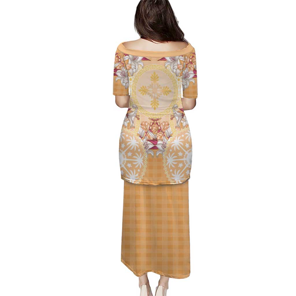 Hawaii Peach Palaka Puletasi With Tapa Pattern Tropical Flowers - Polynesian Pride