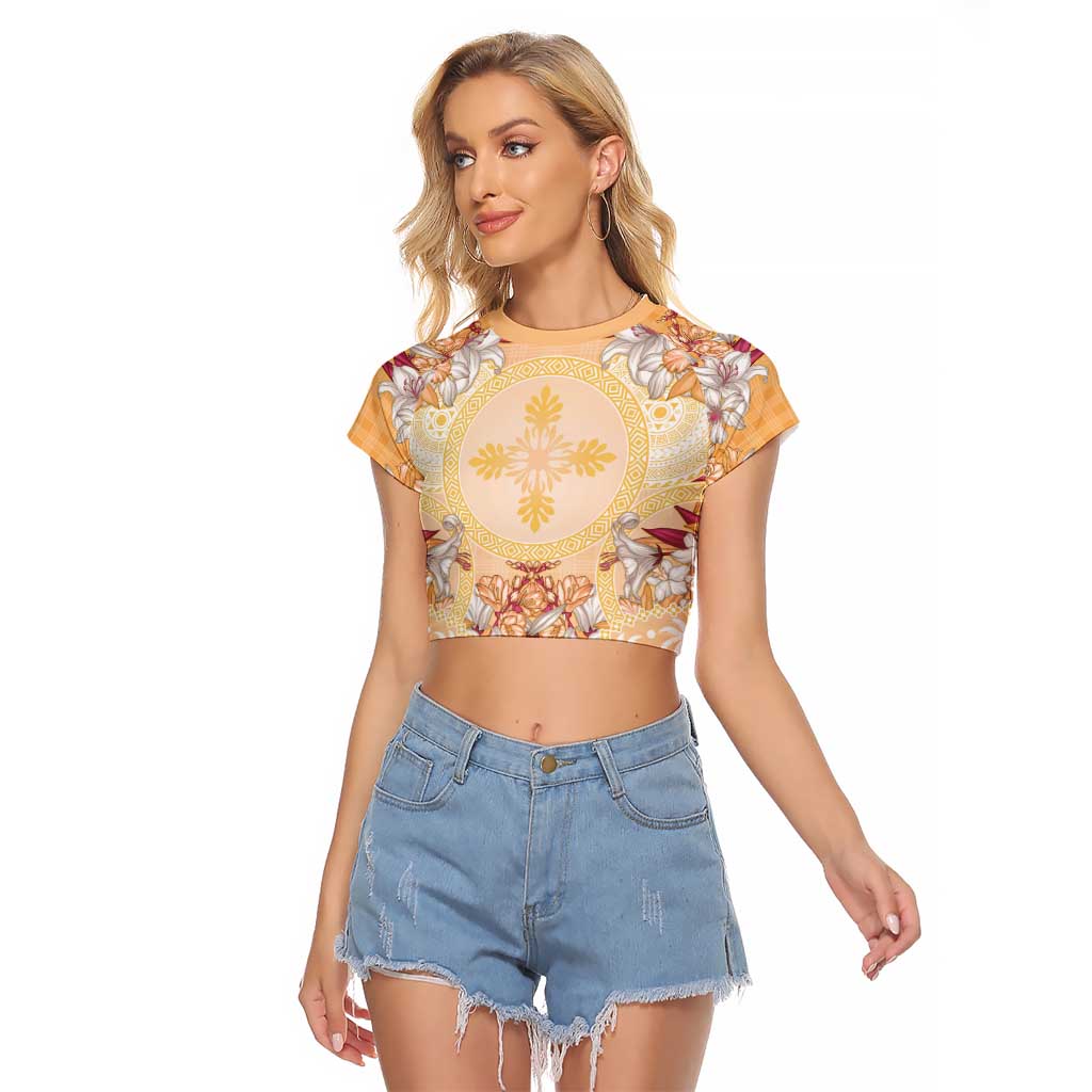 Hawaii Peach Palaka Raglan Cropped T Shirt With Tapa Pattern Tropical Flowers - Polynesian Pride