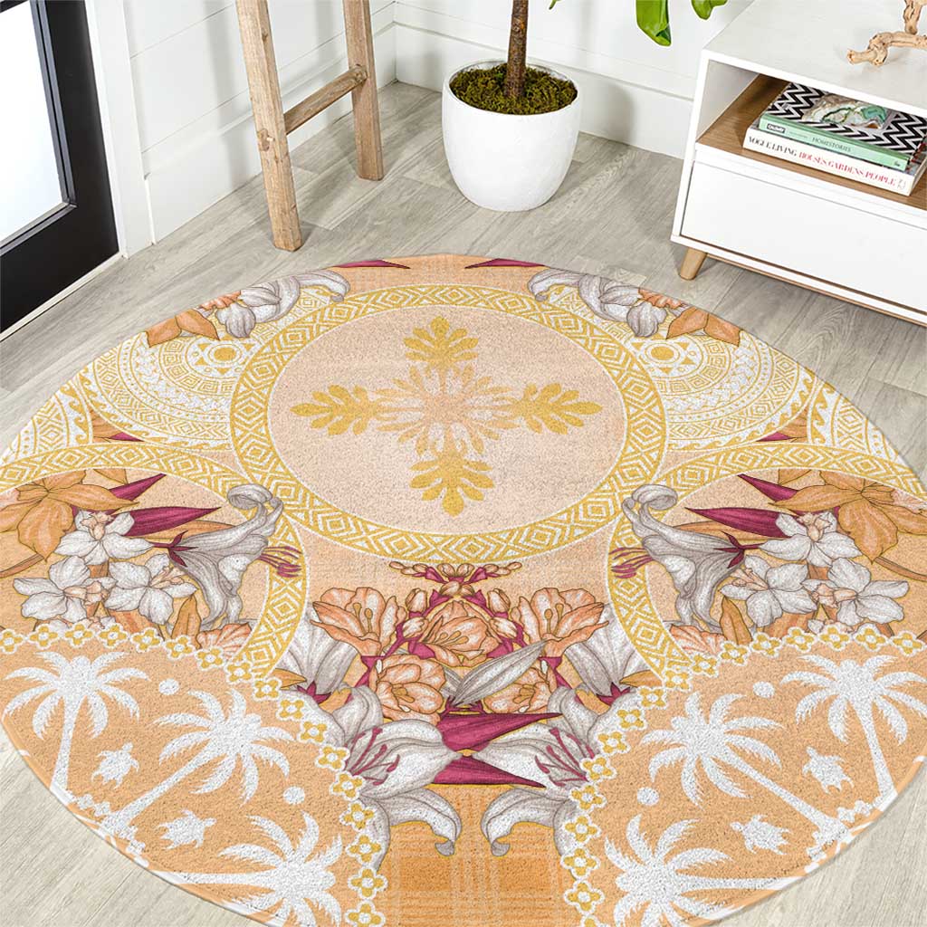 Hawaii Peach Palaka Round Carpet With Tapa Pattern Tropical Flowers LT05 Peach - Polynesian Pride