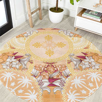 Hawaii Peach Palaka Round Carpet With Tapa Pattern Tropical Flowers - Polynesian Pride