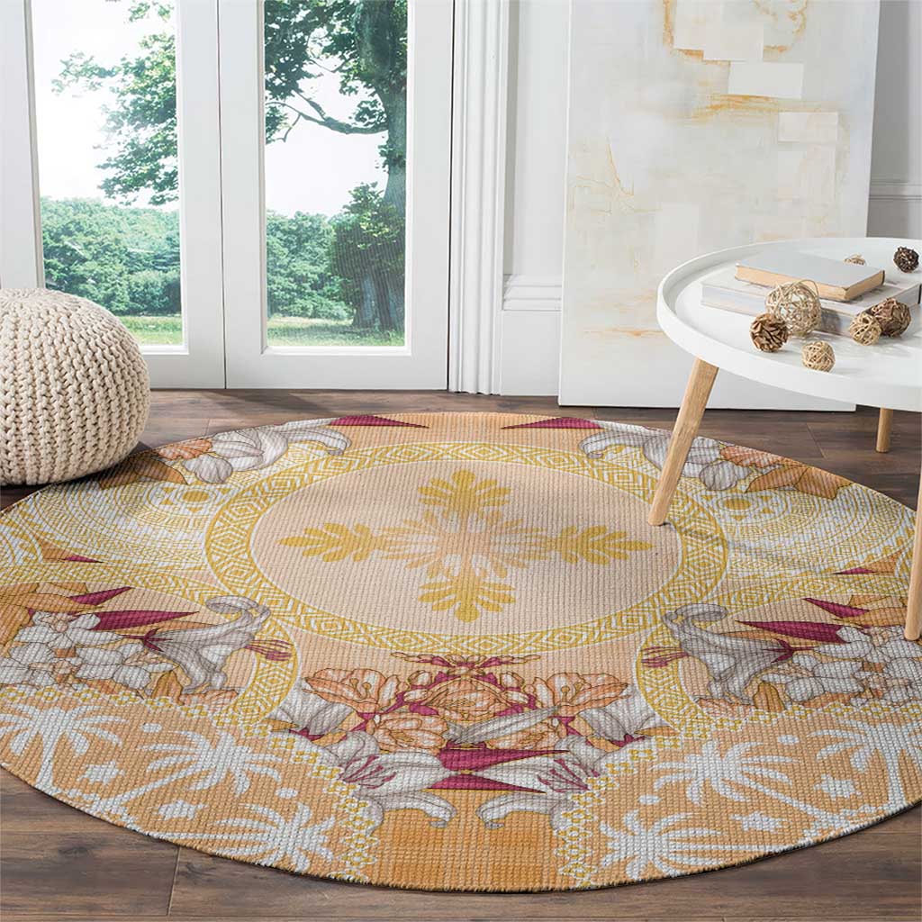 Hawaii Peach Palaka Round Carpet With Tapa Pattern Tropical Flowers - Polynesian Pride