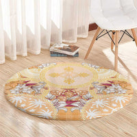 Hawaii Peach Palaka Round Carpet With Tapa Pattern Tropical Flowers - Polynesian Pride