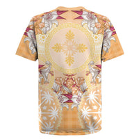 Hawaii Peach Palaka Rugby Jersey With Tapa Pattern Tropical Flowers - Polynesian Pride