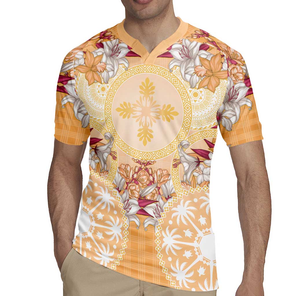 Hawaii Peach Palaka Rugby Jersey With Tapa Pattern Tropical Flowers - Polynesian Pride