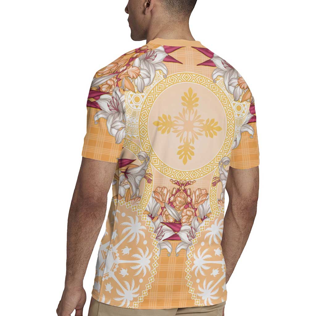 Hawaii Peach Palaka Rugby Jersey With Tapa Pattern Tropical Flowers - Polynesian Pride